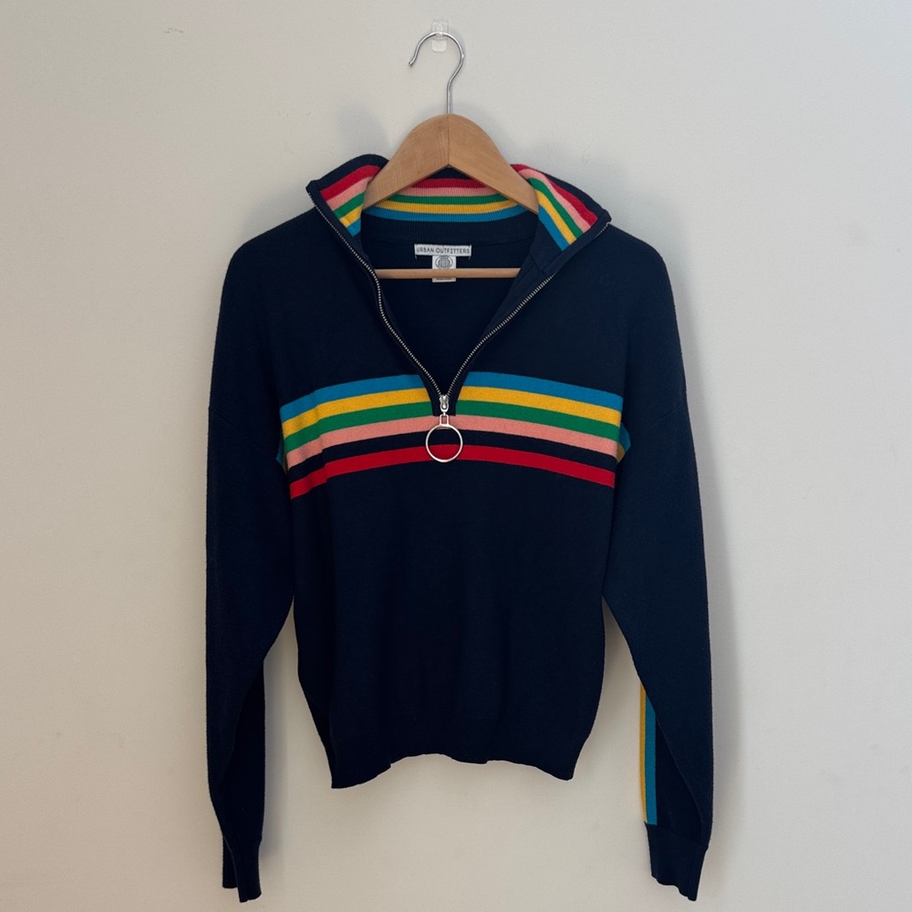Urban Outfitters Rainbow Stripe Quarter-Zip Sweater | Size S| Navy | Y2K Ski